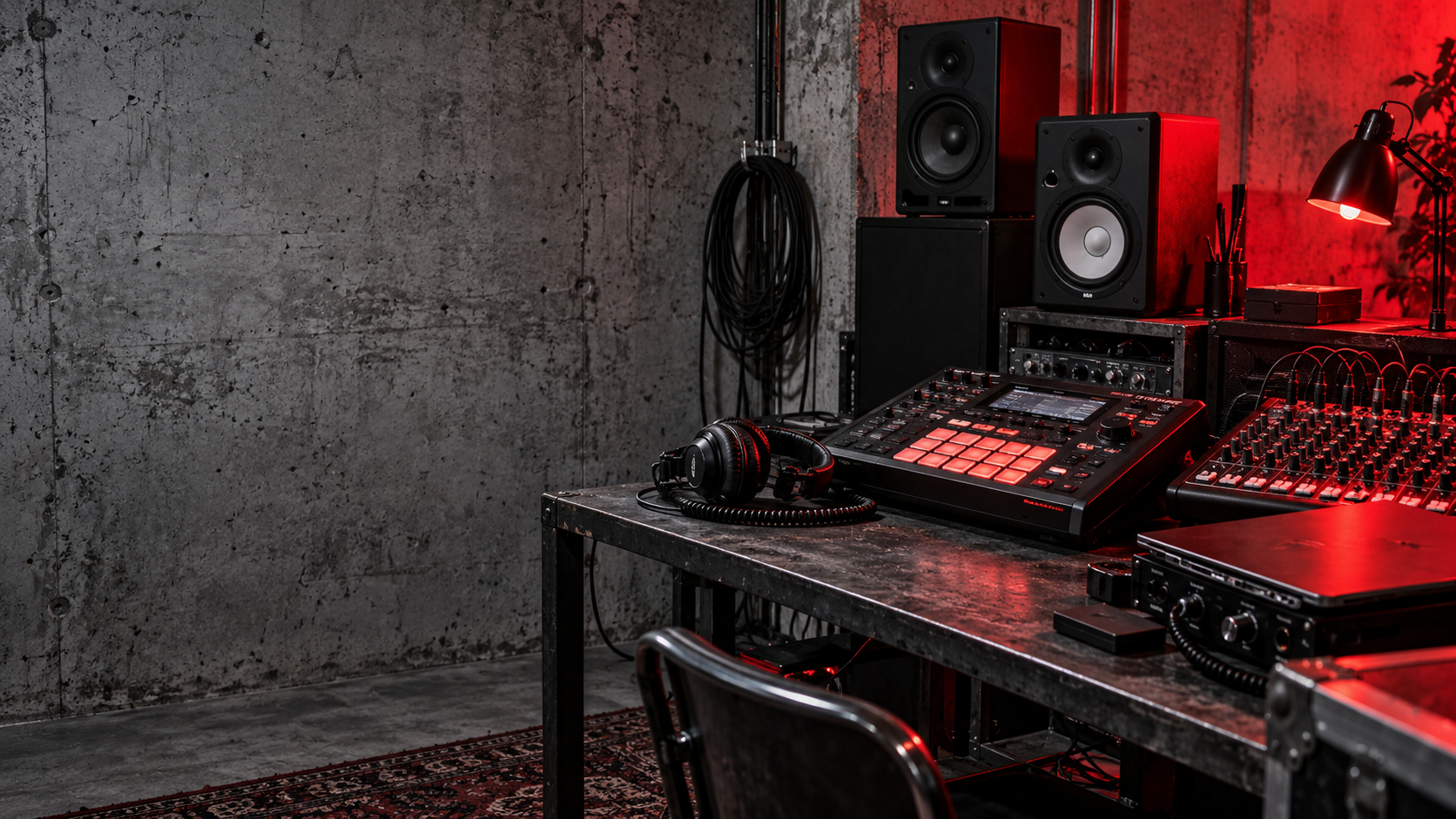 Drum machine, mixing desk and studio monitors in a red-lit recording studio